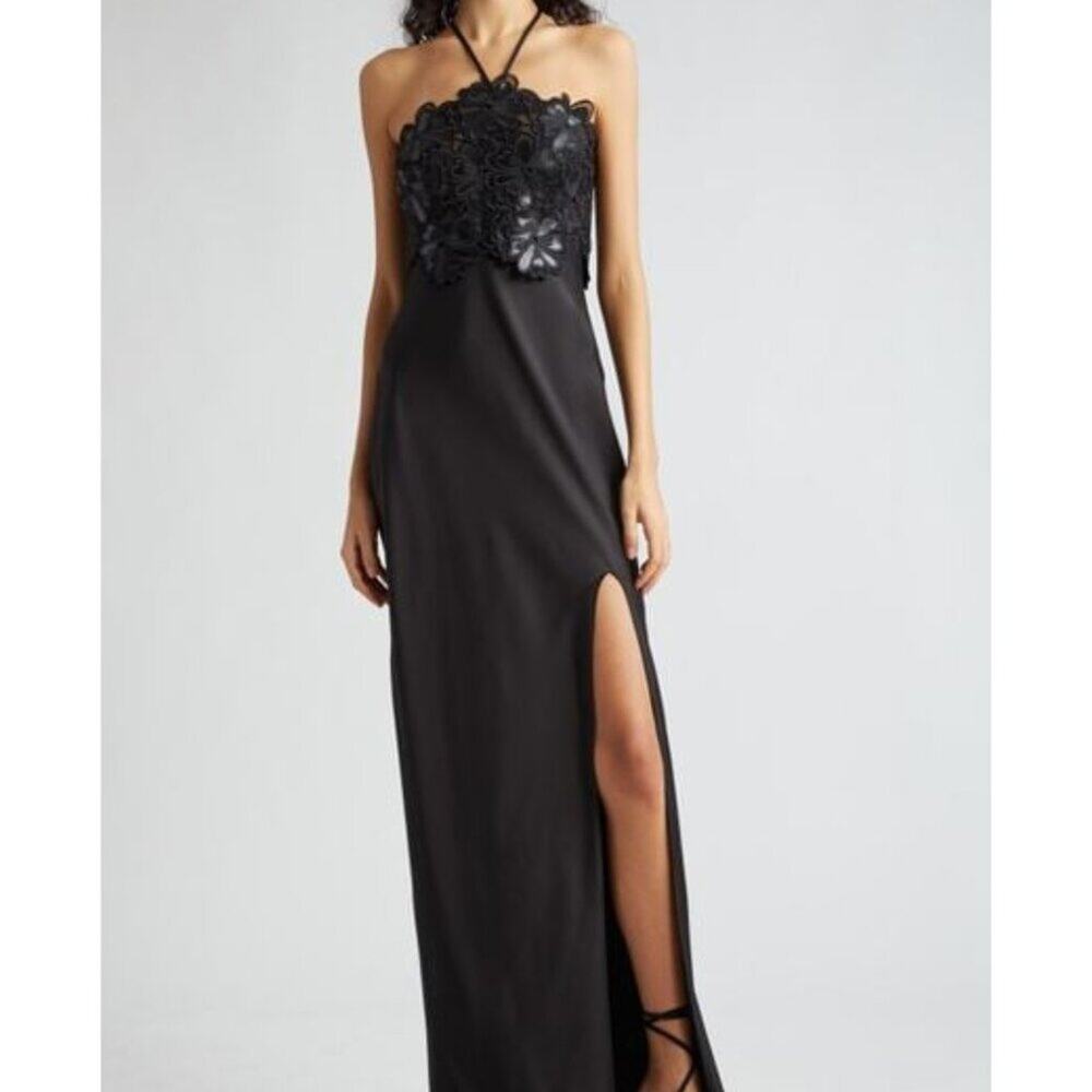 Ramy Brook Mora Floral Lace Bodice Halter Gown Black 2 - Picture 1 of 15